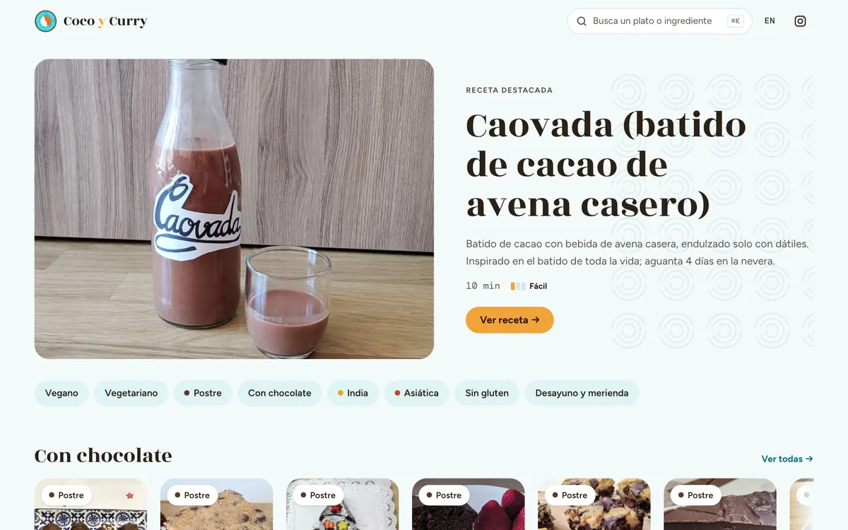 Portada de Coco y Curry con una receta destacada y filtros por tipo de cocina