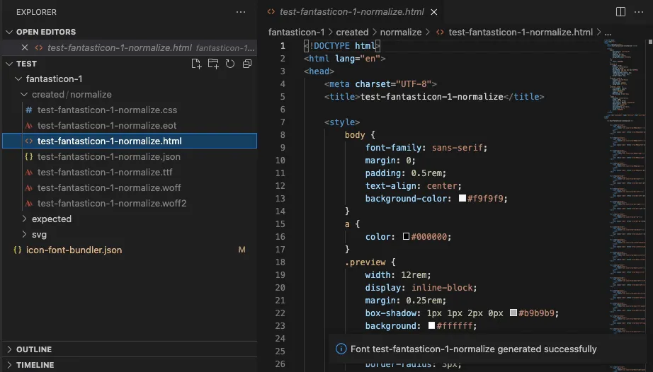 Icon Font Bundler en VS Code generando una fuente de iconos
