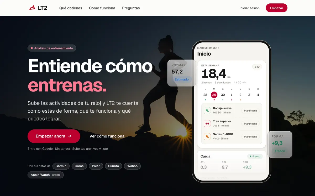 Portada de LT2: análisis de entrenamiento con resumen semanal, VO2max y carga