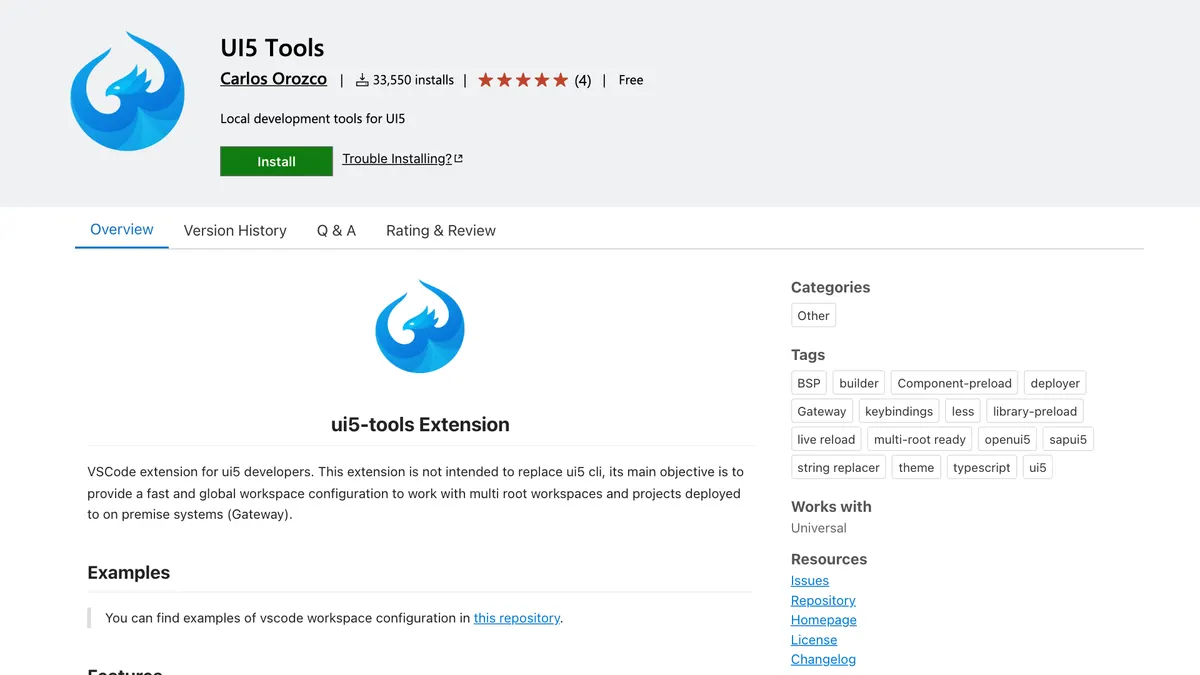 Ficha de ui5-tools en Visual Studio Marketplace con más de 33.000 instalaciones y 5 estrellas